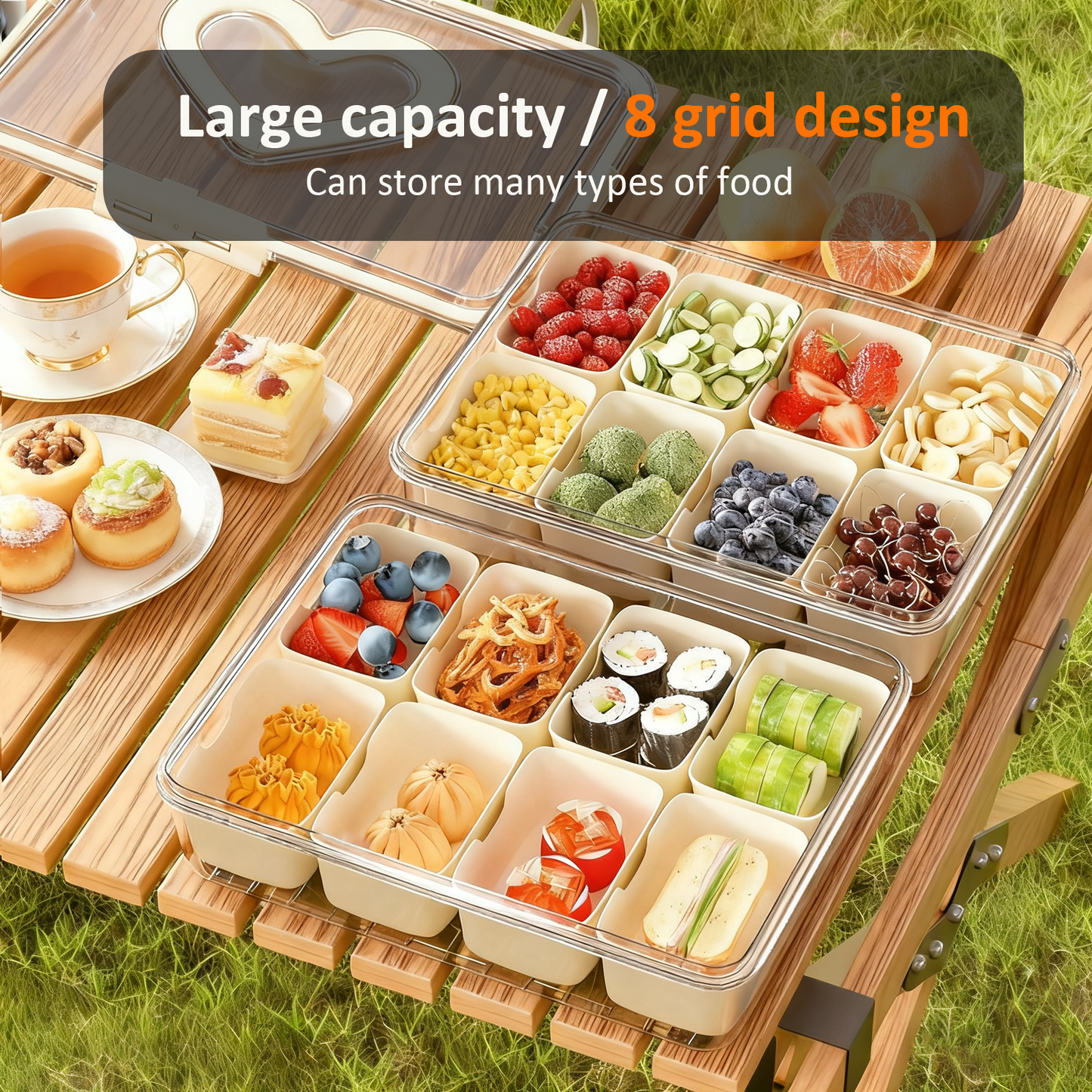Snackle Box – 8 Compartment Divided Serving Tray with Lid, Handle, 4 Gold Forks, Portable