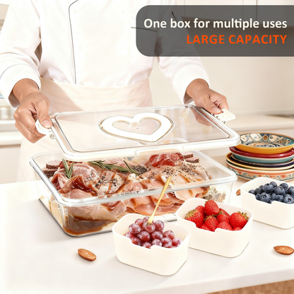 Snackle Box – 8 Compartment Divided Serving Tray with Lid, Handle, 4 Gold Forks, Portable