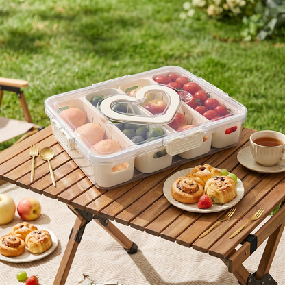 Snackle Box Container, Portable Snack Container with Lid and Handle, Reusable Stackable Snack Box, Divided Snack Containers with 4 Compartments for Travel Party Picnic,1 Pack, White