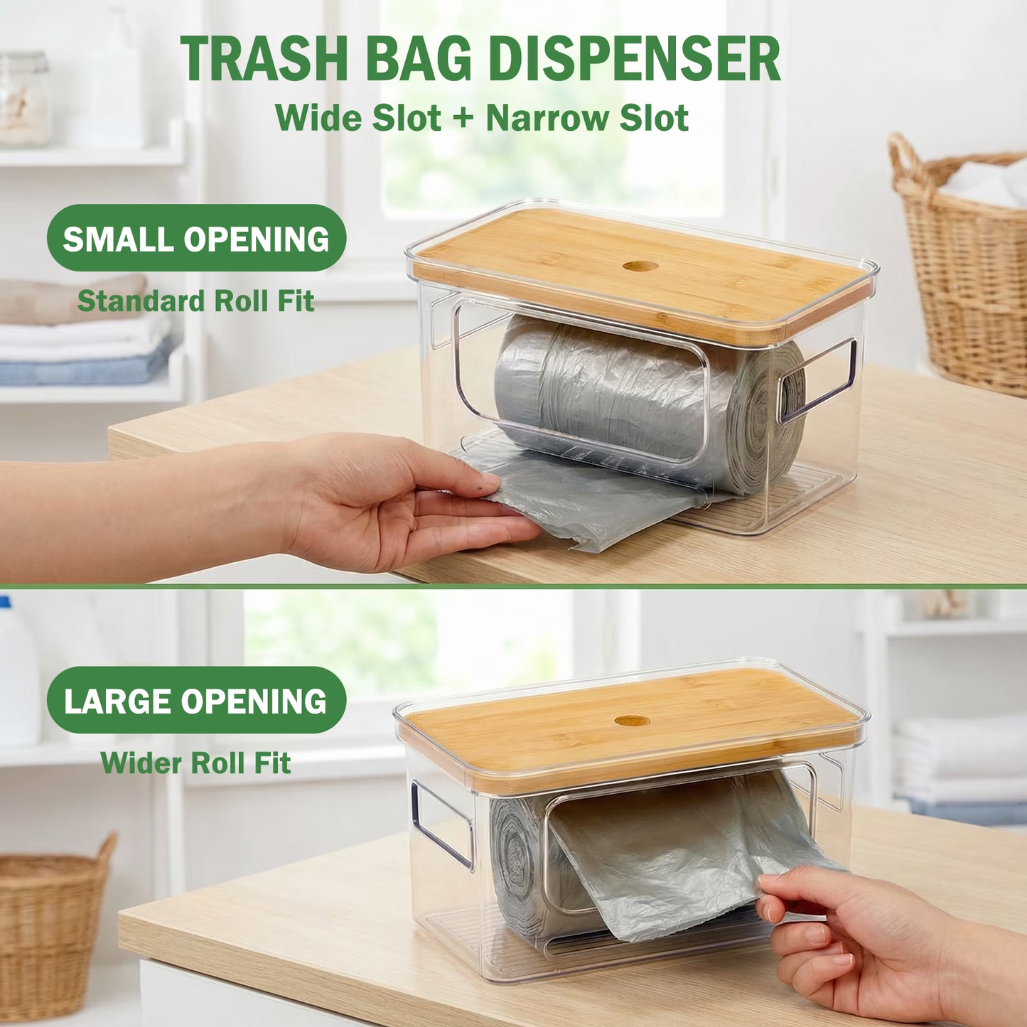 Trash Bag Dispenser, Bamboo Top Stackable Design, Extra Large Garbage Bag Holder & Storage Solution for Kitchen, Pantry and Laundry Room