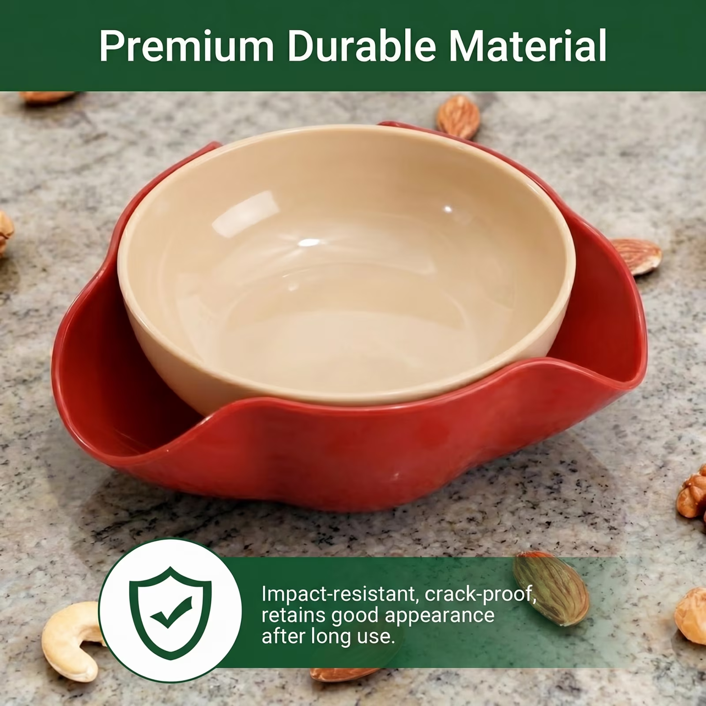 2-in-1 Nut Serving Bowl with Hidden Shell Catcher, 8.3" Pistachio Bowl Tray for Sunflower Seeds Edamame and Cherries, Built-in Waste Holder Design - Red