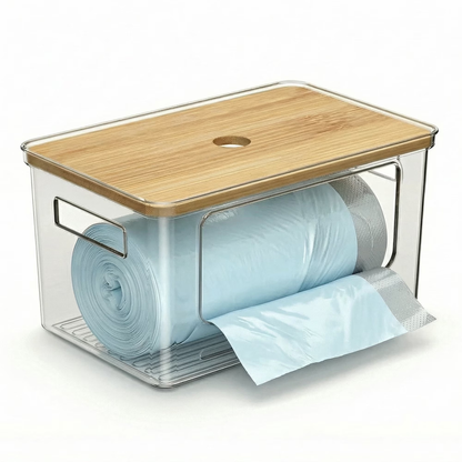 Trash Bag Dispenser, Bamboo Top Stackable Design, Extra Large Garbage Bag Holder & Storage Solution for Kitchen, Pantry and Laundry Room