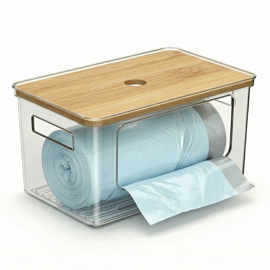 Trash Bag Dispenser, Bamboo Top Stackable Design, Extra Large Garbage Bag Holder & Storage Solution for Kitchen, Pantry and Laundry Room