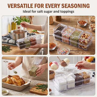 4PCS Clear Condiment Containers with Lids, Condiment Caddy with Spoon & Cover, Acrylic Seasoning Box Set, Ideal Seasoning Organizer for Toppings, Salt, Sugar
