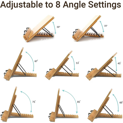 Large Bamboo Book Stand, 11'' x 15'' Portable Stable Adjustable Height Reading Book Holder for Cookbook, Sheet Music, Bible, Textbook and Tablet