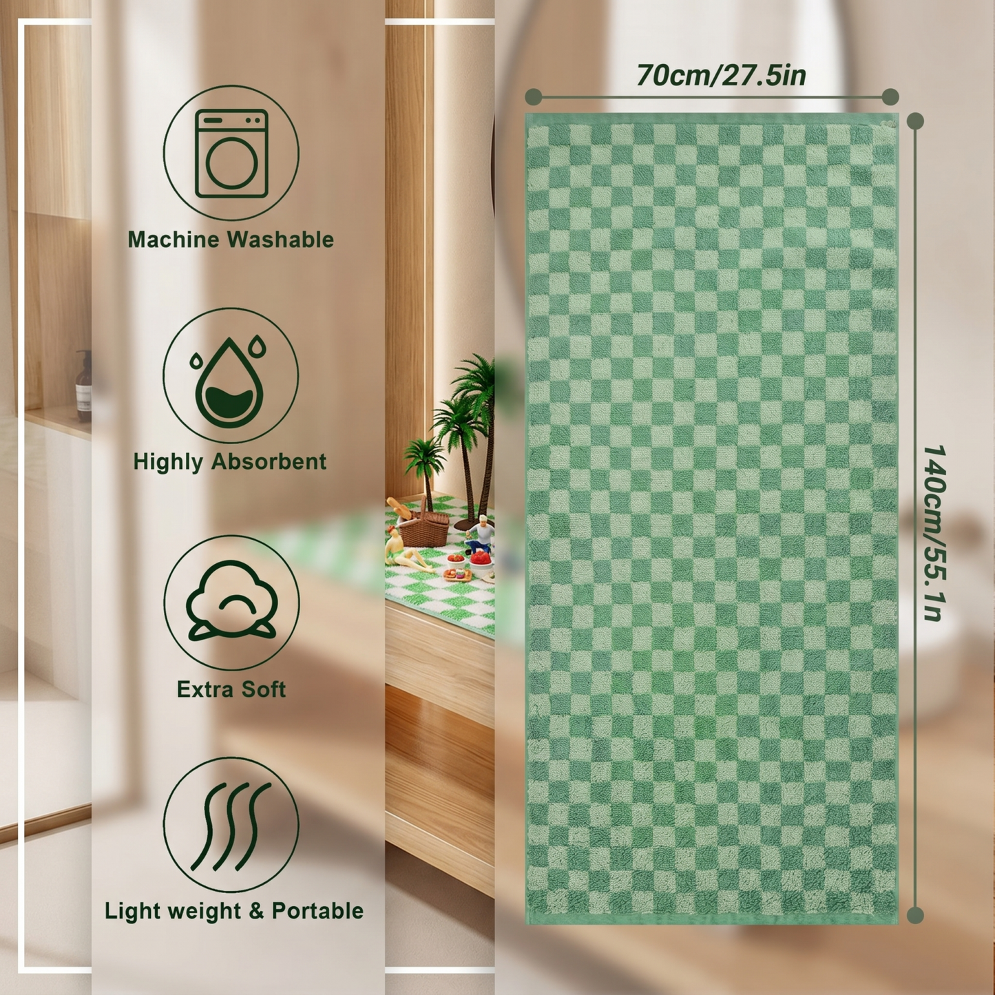2-Pack Checkered Cotton Bath Towels in Green — 27.5×55 Inch Large Shower Towels for Bathroom & Beach, Quick-Drying Terry Weave
