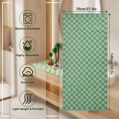 2-Pack Checkered Cotton Bath Towels in Green — 27.5×55 Inch Large Shower Towels for Bathroom & Beach, Quick-Drying Terry Weave
