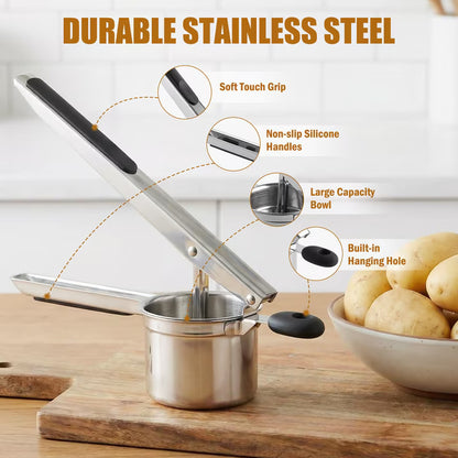LYLHZRMDGC 15oz Stainless Steel Potato Ricer – Heavy Duty with 4 Interchangeable Discs, Ergonomic Handle