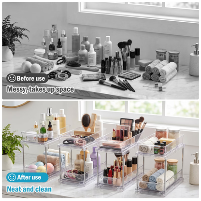 Bathroom Organizer, 4 Pack 2-Tier Clear Storage Container with Sliding Track, Under Sink & Countertop Organizer for Cabinet Drawers, Kitchen Pantry Organization