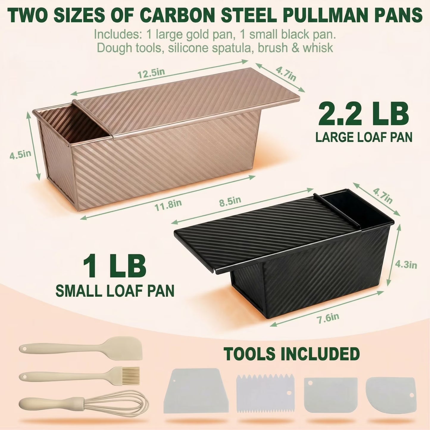 1lb & 2.2lb Pullman Bread Pan Set with Covers - Toolkit Included, Square Loaf Molds for Sandwich Bread & Sourdough, Complete Baking
