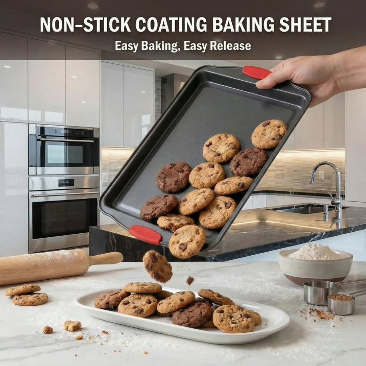 Baking Sheet Set 3 Piece, Nonstick Cookie Sheets with Silicone Handles, Professional Kitchen Bakeware Ideal for Baking, Roasting, Meal Prep and Family Sheet Pan Dinners