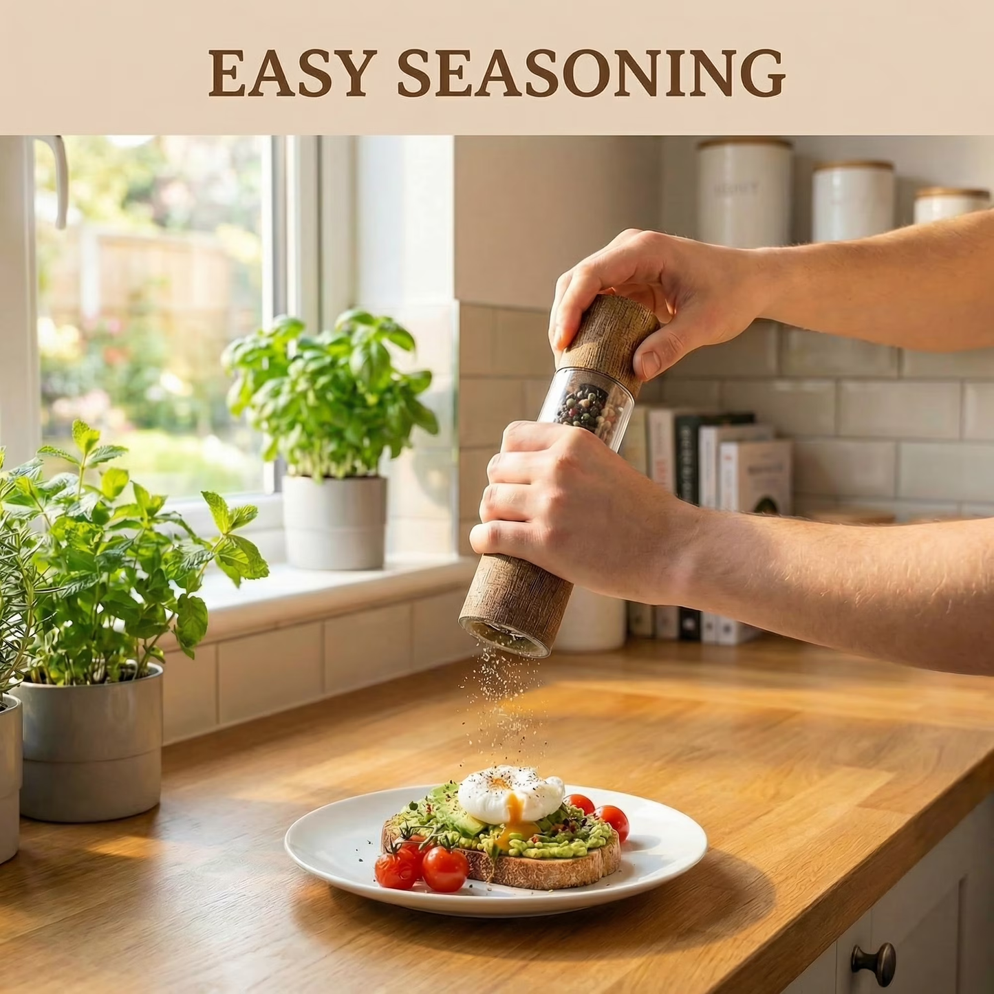 2 Piece Wood Salt Pepper Grinder Set 8 Inch Manual Refillable, Adjustable Ceramic Grinding Core with Serving Tray for Kitchen