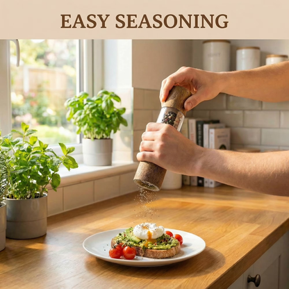 2 Piece Wood Salt Pepper Grinder Set 8 Inch Manual Refillable, Adjustable Ceramic Grinding Core with Serving Tray for Kitchen