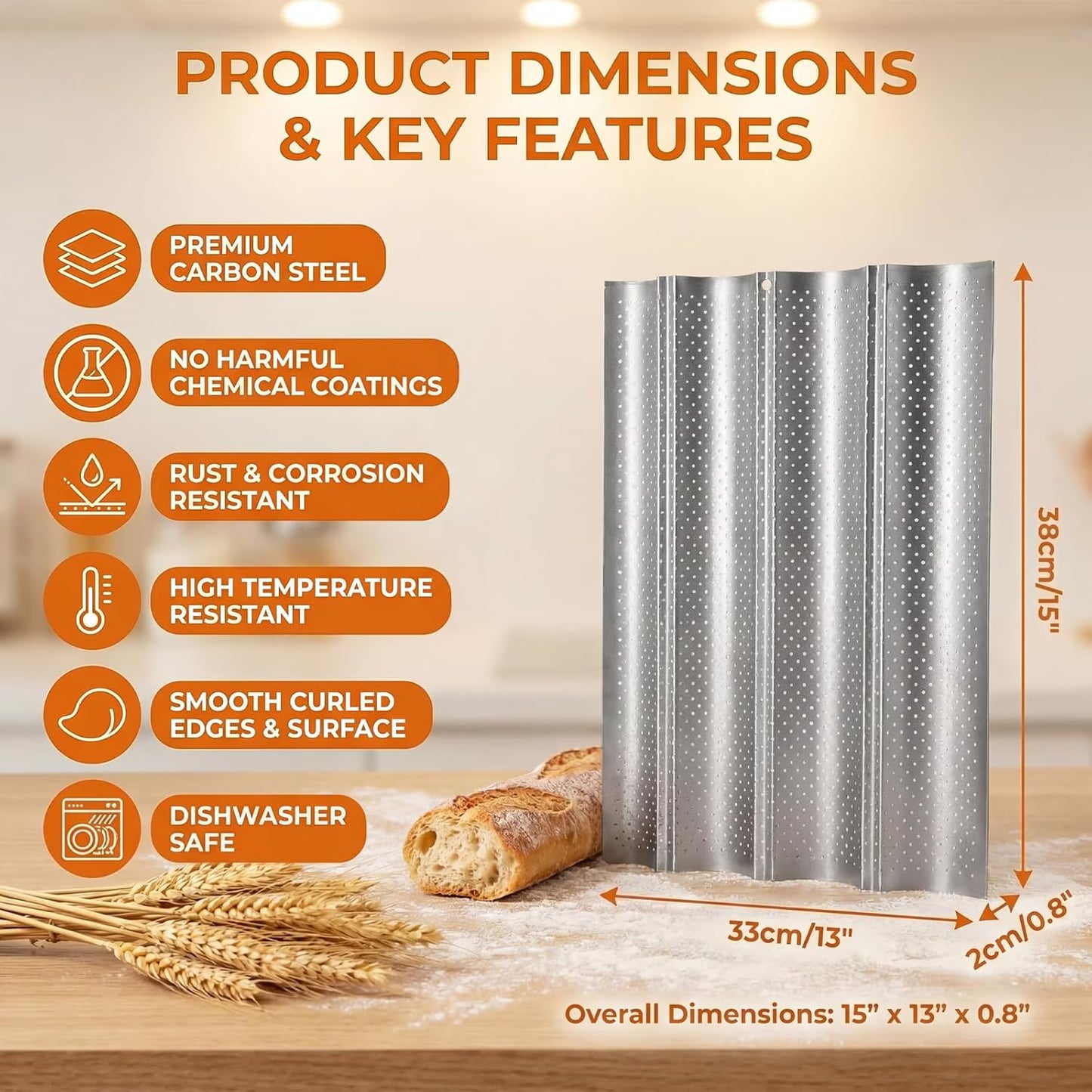 Baguette Baking Pan, 4 Loaves Perforated Nonstick French Bread Pan with Proofing Cloth, for Sourdough & Italian Bread, Crisp Crust Bakeware, 15" x 13", Silver