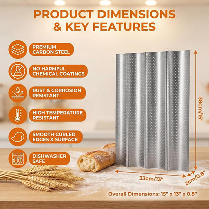 Baguette Baking Pan, 4 Loaves Perforated Nonstick French Bread Pan with Proofing Cloth, for Sourdough & Italian Bread, Crisp Crust Bakeware, 15" x 13", Silver