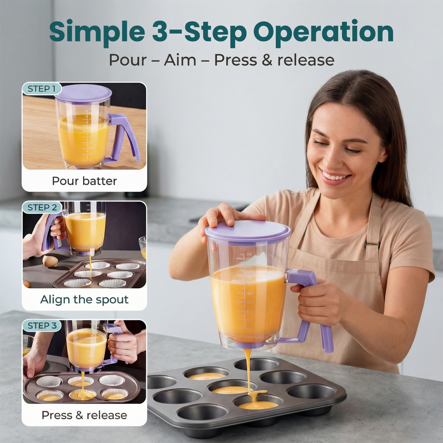 Squeeze-Handle Pancake Batter Dispenser with Measurement Scale - 4-Cup Portion Control Tool for Waffles, Cupcakes & Crepes, Easy-Clean Baking Accessory