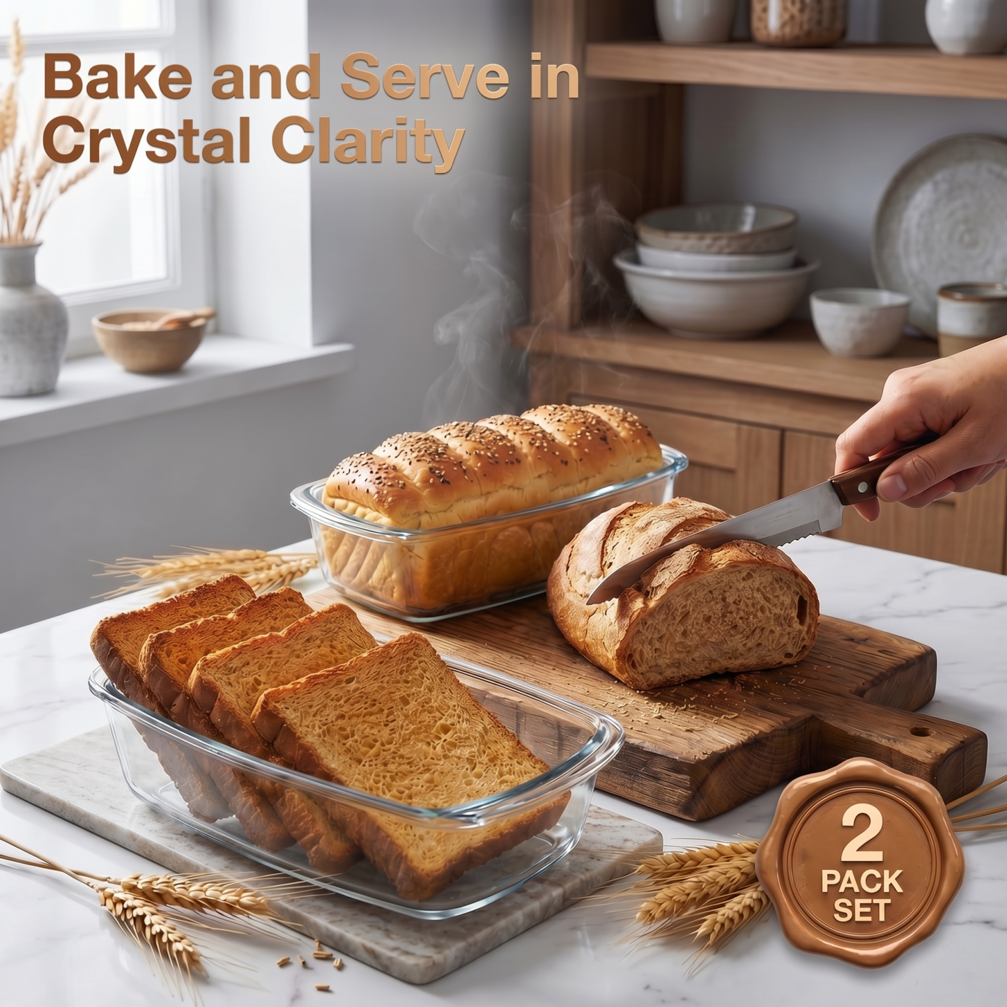 2-Pack Glass Loaf Pans with Lids – 1.9QT Deep, Wide Handles, Oven-to-Fridge, Clear