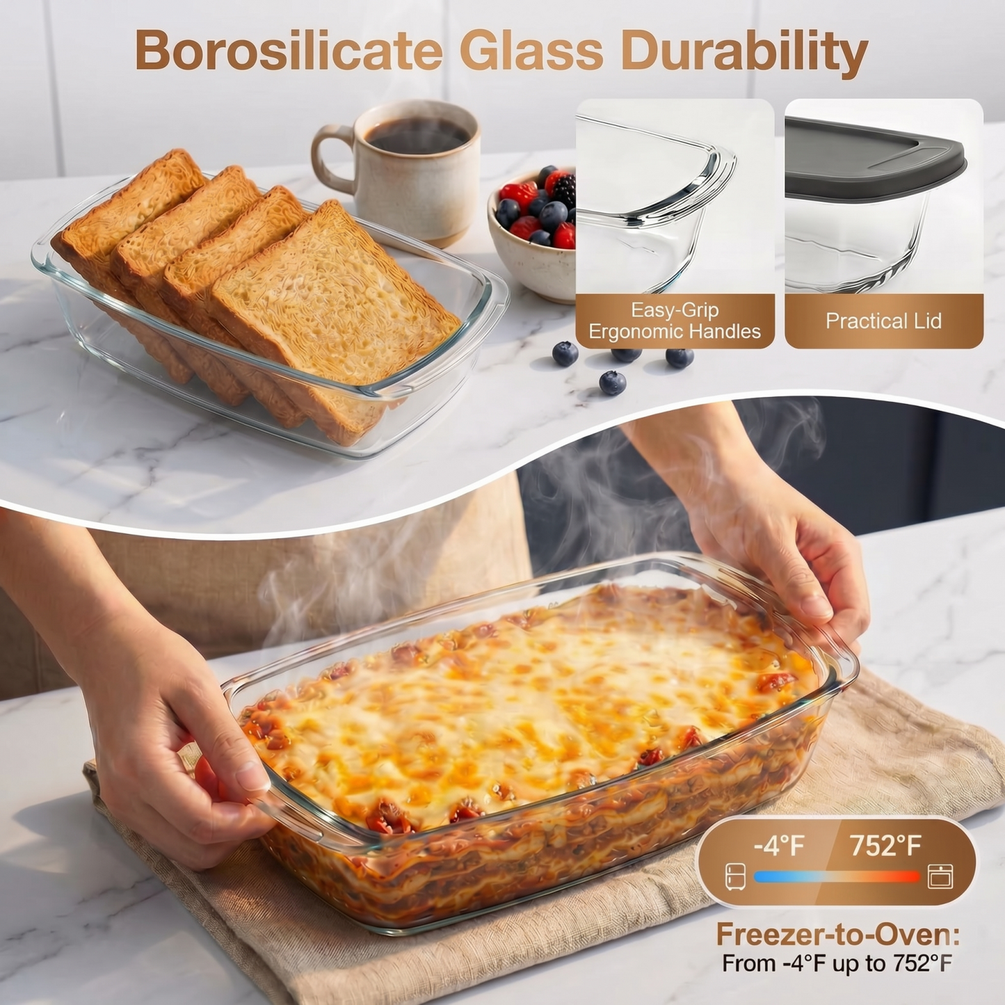 2-Pack Glass Loaf Pans with Lids – 1.9QT Deep, Wide Handles, Oven-to-Fridge, Clear