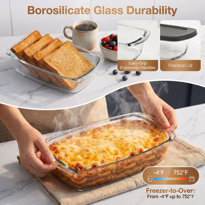 2-Pack Glass Loaf Pans with Lids – 1.9QT Deep, Wide Handles, Oven-to-Fridge, Clear