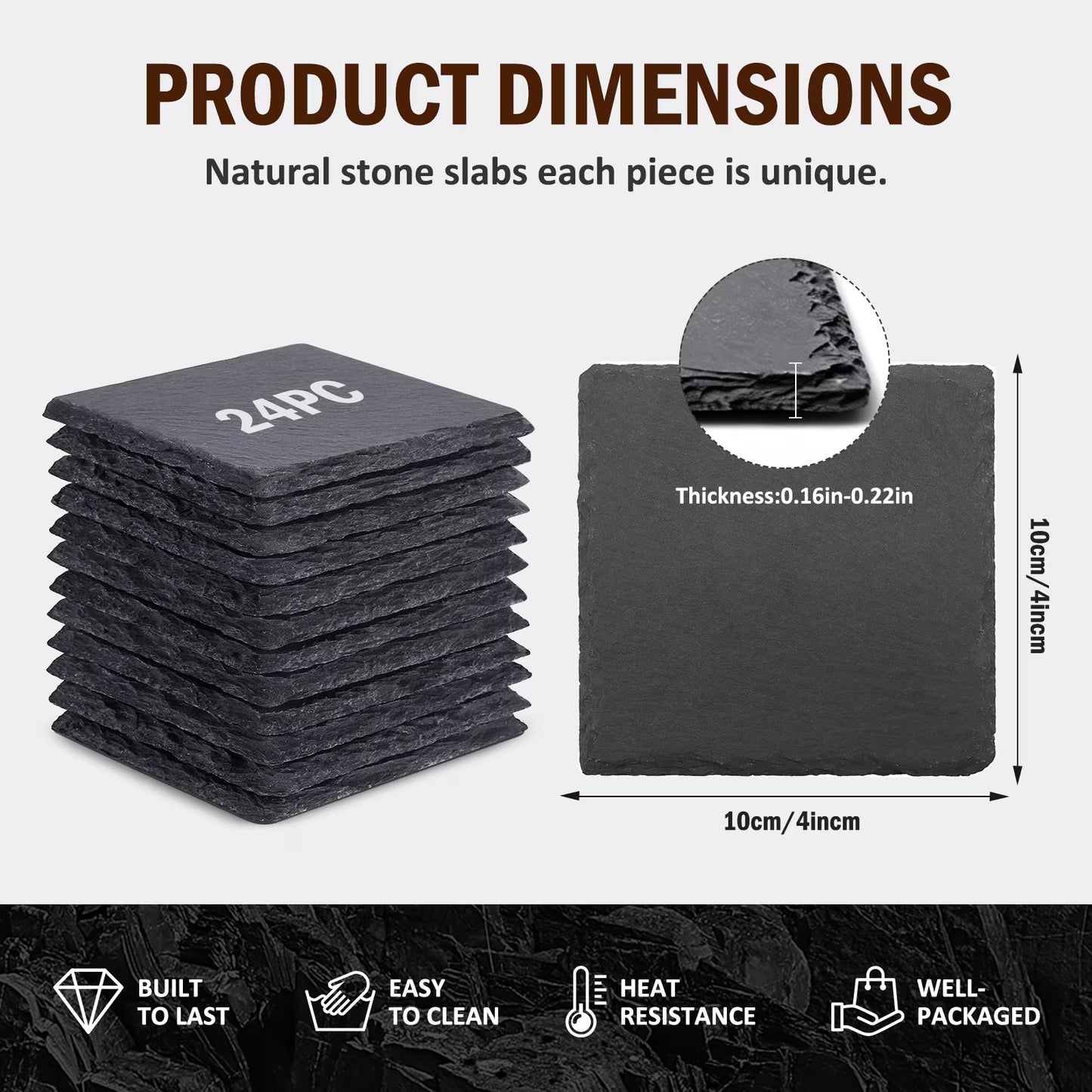 24Pack 4" Square Slate Coasters for Laser Engraving, Natural Black Stone Drink Coasters with Non-Slip Protective Pads for Coffee Table, DIY Craft