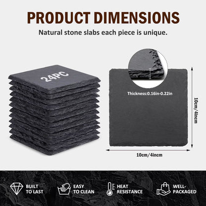 24Pack 4" Square Slate Coasters for Laser Engraving, Natural Black Stone Drink Coasters with Non-Slip Protective Pads for Coffee Table, DIY Craft