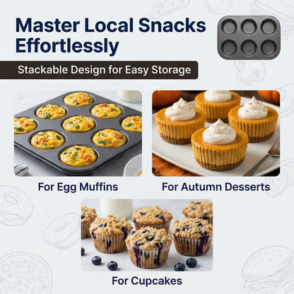 12-Cup Nonstick Muffin Pan Set of 2 — Carbon Steel Cupcake Trays for Brownies, Egg Bites & Standard Baking, Nesting Design