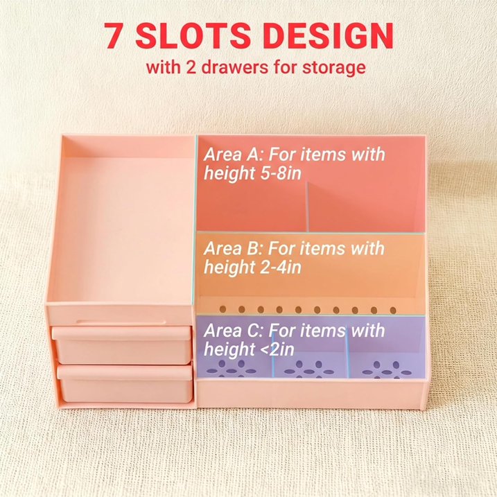 Pink Makeup Organizer with Drawers, Large Capacity Cosmetic Storage for Vanity or Bathroom Countertop, Multi-Compartment Organizer for Skincare, Lipstick & Palettes, 1 Pack