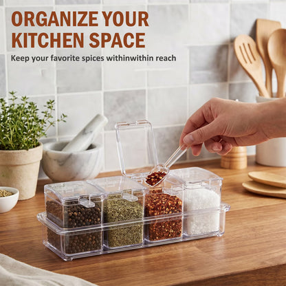 4PCS Clear Condiment Containers with Lids, Condiment Caddy with Spoon & Cover, Acrylic Seasoning Box Set, Ideal Seasoning Organizer for Toppings, Salt, Sugar