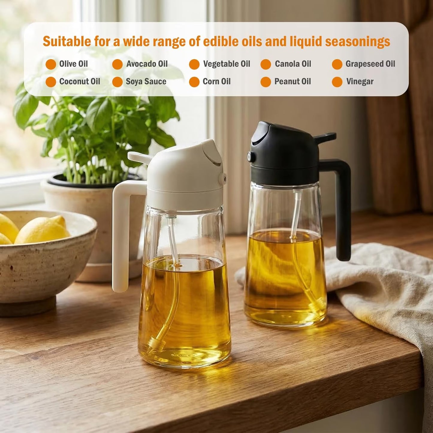 2 Pack Oil Sprayer for Cooking, Refillable Glass Olive Oil & Vinegar Mister with Brush, Portable Kitchen Gadget for Air Fryer, BBQ & Salad, 470ml, Black & White