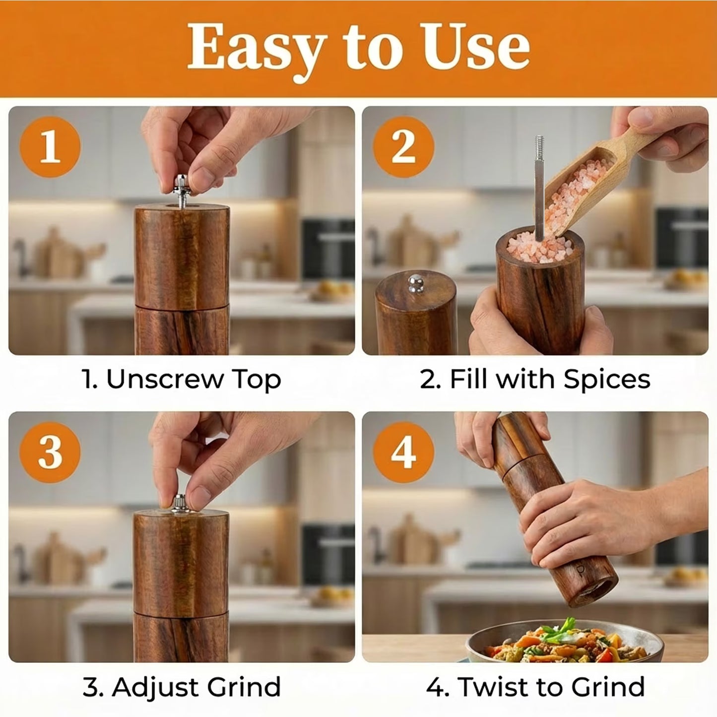 Wooden Salt and Pepper Grinder Set, Refillable Salt & Pepper Mill with Tray & Spoons, Adjustable Rubber Wood Salt & Pepper Shakers Holder with Ceramic Grinder
