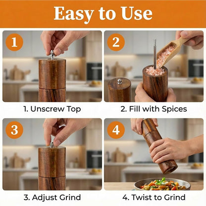 Wooden Salt and Pepper Grinder Set, Refillable Salt & Pepper Mill with Tray & Spoons, Adjustable Rubber Wood Salt & Pepper Shakers Holder with Ceramic Grinder