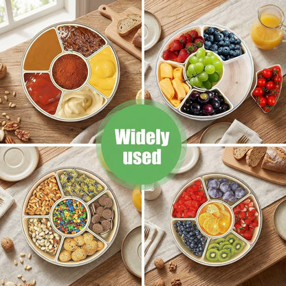 Portable Large Capacity Snack Spinner Box Container with Lid and Handle, Divided Serving Tray for Fruit Veggie Charcuterie(1 pack-6 Compartments)
