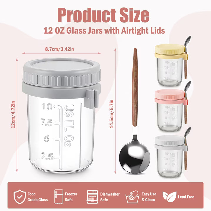 4 Pack 12oz Overnight Oats Containers with Lids and Spoons, Glass Oatmeal Containers, Mason Jars with Airtight Lids, Meal Prep Food Storage Container for Yogurt, Oatmeal