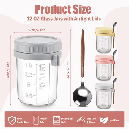 4 Pack 12oz Overnight Oats Containers with Lids and Spoons, Glass Oatmeal Containers, Mason Jars with Airtight Lids, Meal Prep Food Storage Container for Yogurt, Oatmeal