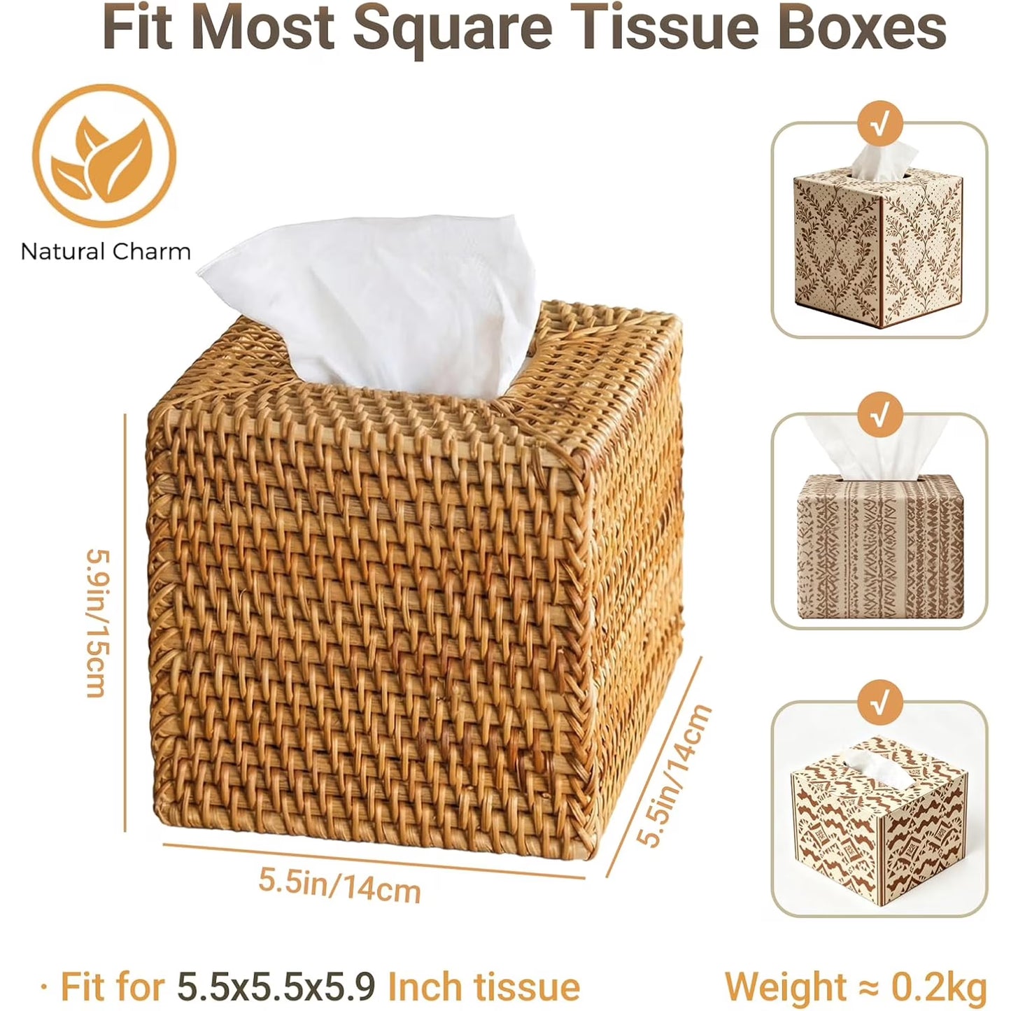 Rattan Tissue Box Cover, Natural Woven Wicker Tissue Box Holder, Square Boho Decorative Facial Tissue Holder for Bathroom, Living Room, Kitchen or Desk, 5.5 x 5.5 x 5.9 Inch