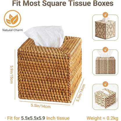 Rattan Tissue Box Cover, Natural Woven Wicker Tissue Box Holder, Square Boho Decorative Facial Tissue Holder for Bathroom, Living Room, Kitchen or Desk, 5.5 x 5.5 x 5.9 Inch