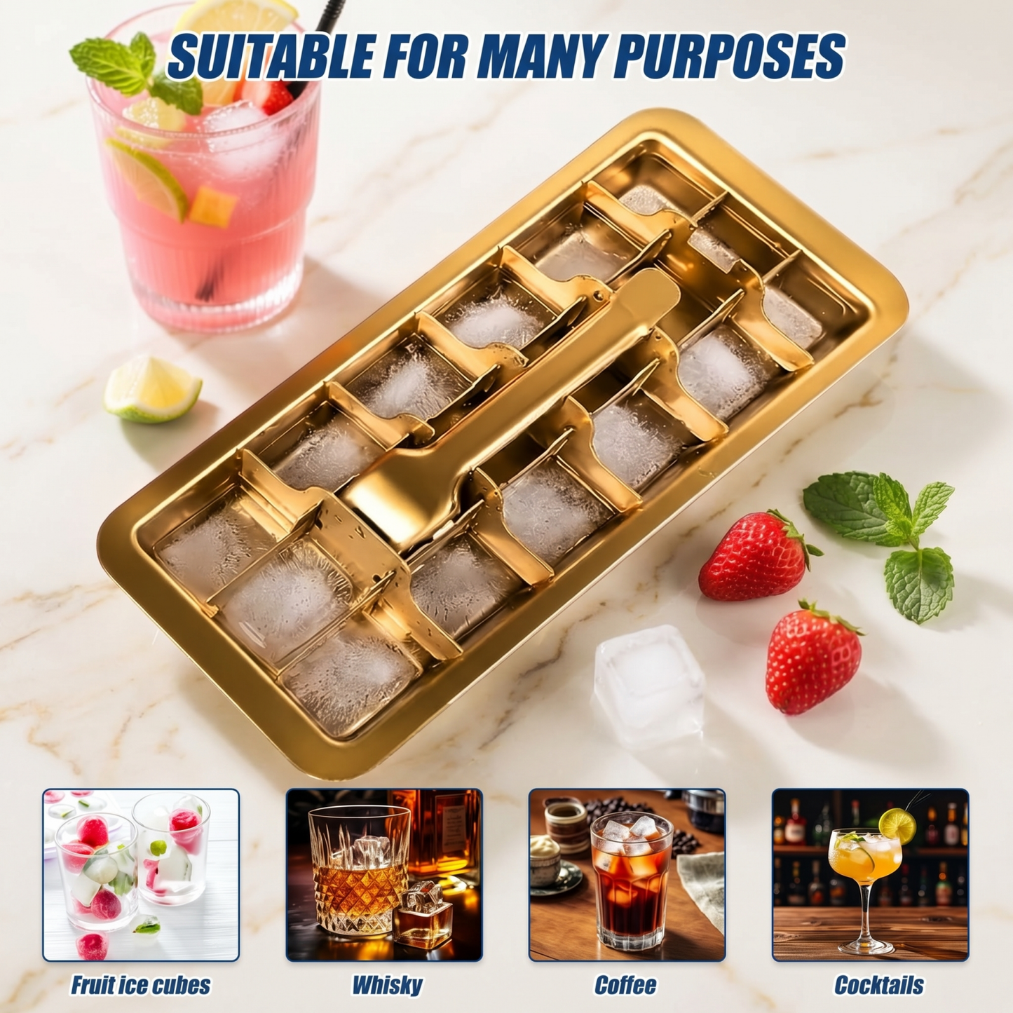 18-Slot Stainless Steel Ice Tray in Gold Finish — Metal Freezer Mold with Lever Handle for Whiskey & Cocktails