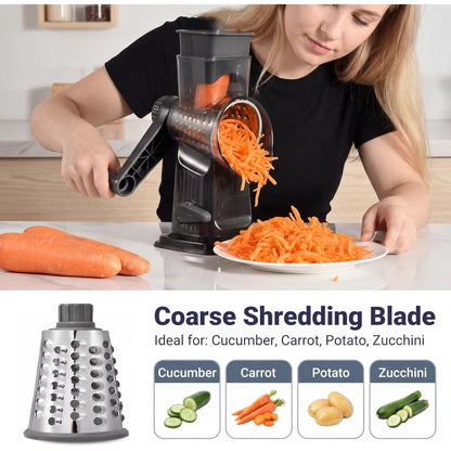 Rotary Cheese Grater with Hand Crank, Cheese Shredder with 3 Stainless Steel Blades for Cheese, Vegetables & Nuts, Non-Slip Suction Base, Easy & Effortless Grating