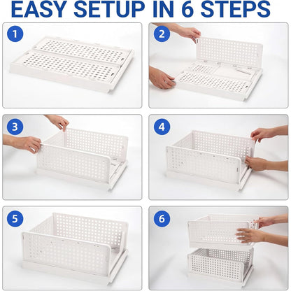 5 Packs Stackable Closet Organizer Bins, Foldable Plastic Storage Baskets, Waterproof Storage Containers for Drawer, Wardrobe, Bathroom, Living Room & Office, Space Saving Design