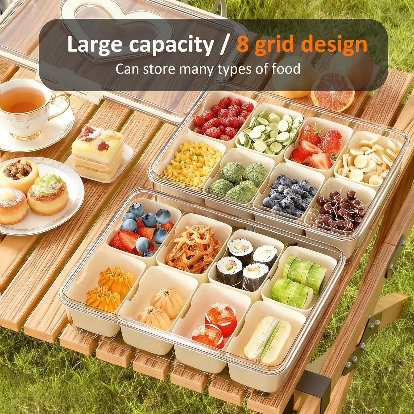 Snackle Box – 8 Compartment Divided Serving Tray with Lid, Handle, 4 Gold Forks, Portable