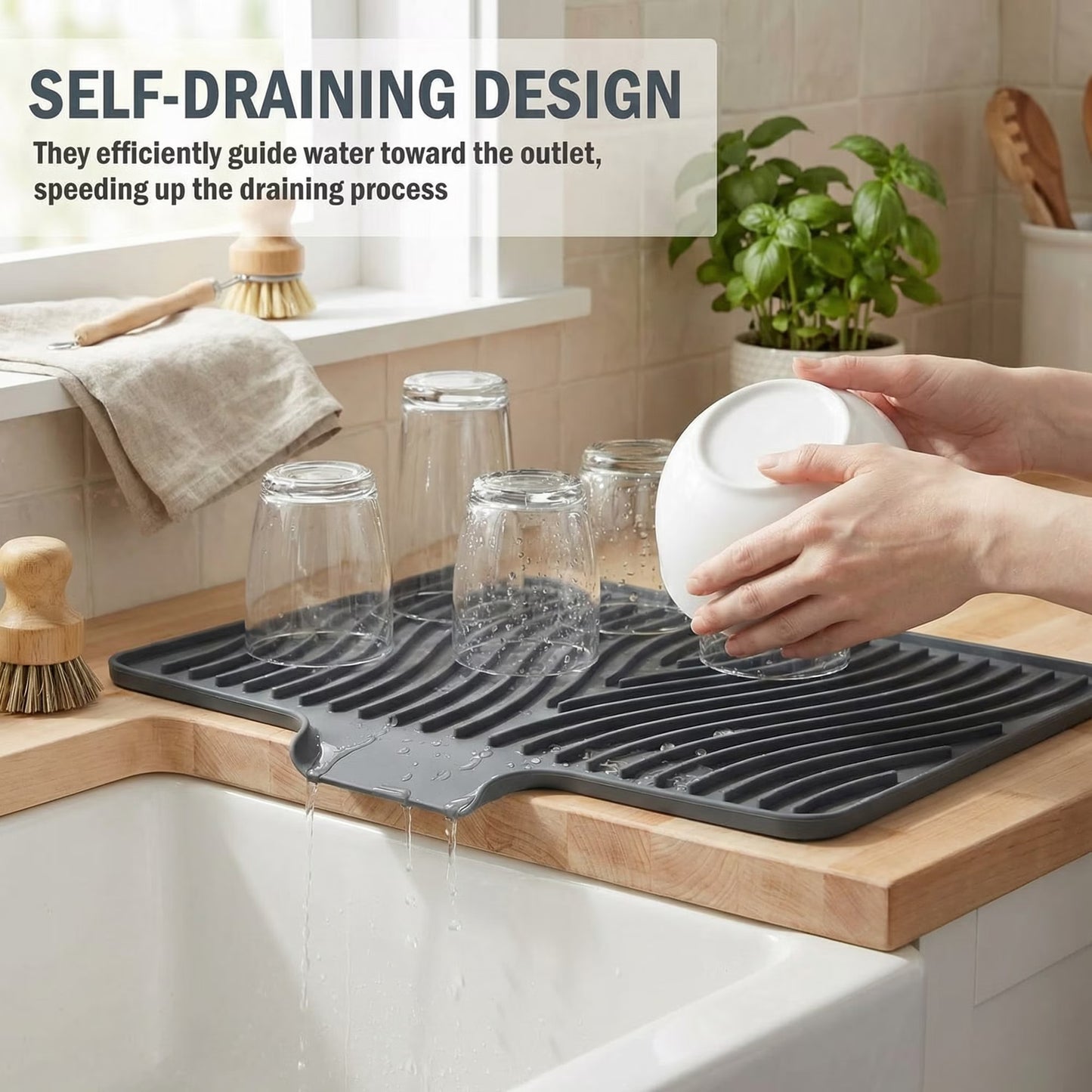Silicone Dish Drying Mat for Kitchen Counter or Sink, Non-Slip Dish Drainer Mat with Built-in Drain, Heat Resistant Drying Pad, Grey