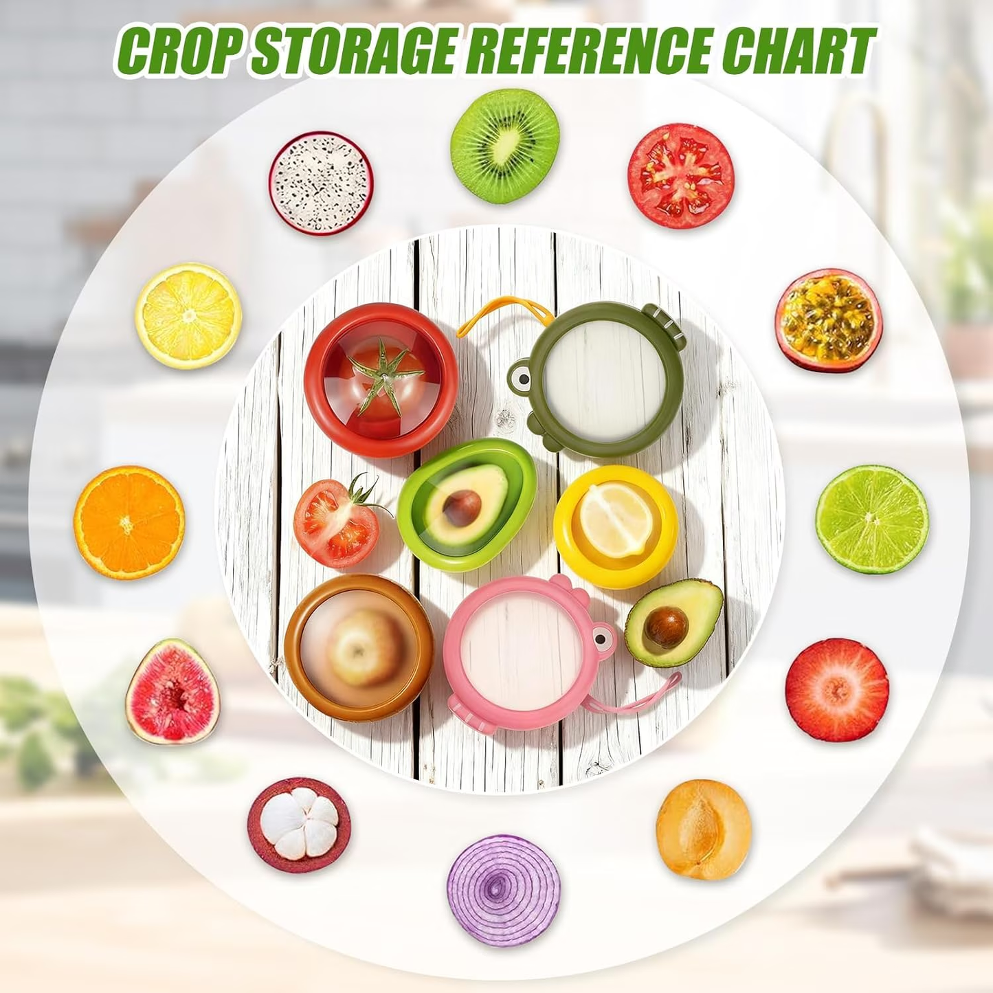 Set of 6 Fresh Food Storage Containers with 1 Fruit Peeler, Reusable Silicone Fresh Pods with Airtight Seal for Avocado, Onion, Tomato and Garlic Fridge Storage