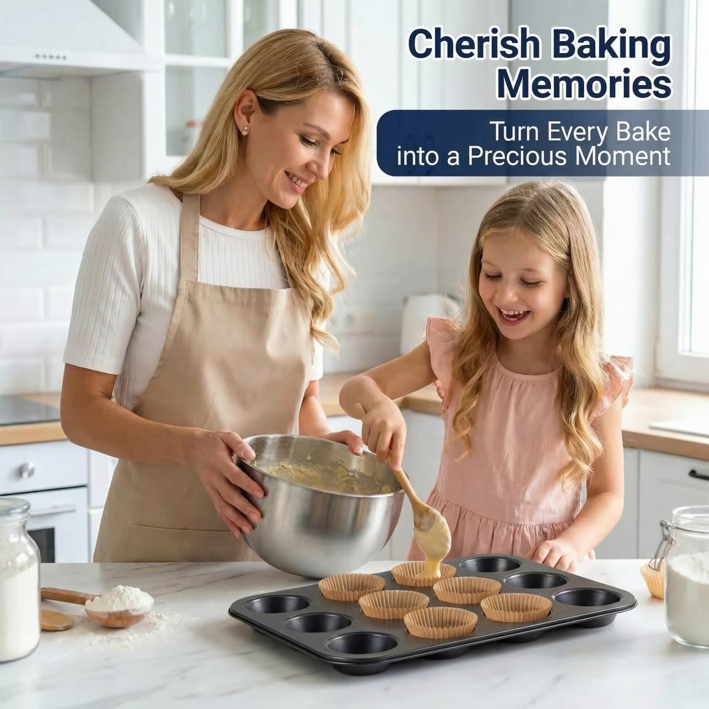 12-Cup Nonstick Muffin Pan Set of 2 — Carbon Steel Cupcake Trays for Brownies, Egg Bites & Standard Baking, Nesting Design