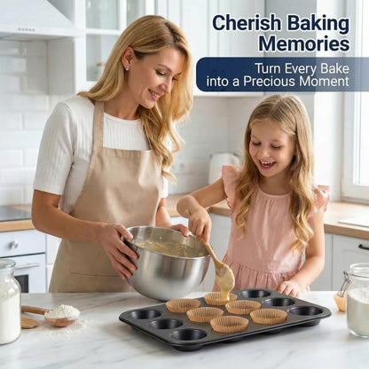12-Cup Nonstick Muffin Pan Set of 2 — Carbon Steel Cupcake Trays for Brownies, Egg Bites & Standard Baking, Nesting Design