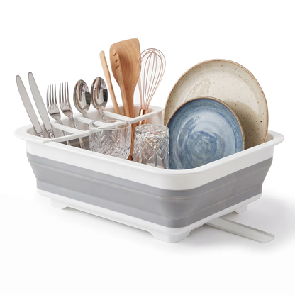 Collapsible Dish Drying Rack – Rustproof Foldable RV Dish Drying Rack with Utensil Holder, 360° Drainage, Space-Saving for Kitchen, Camping, BBQ & Boats