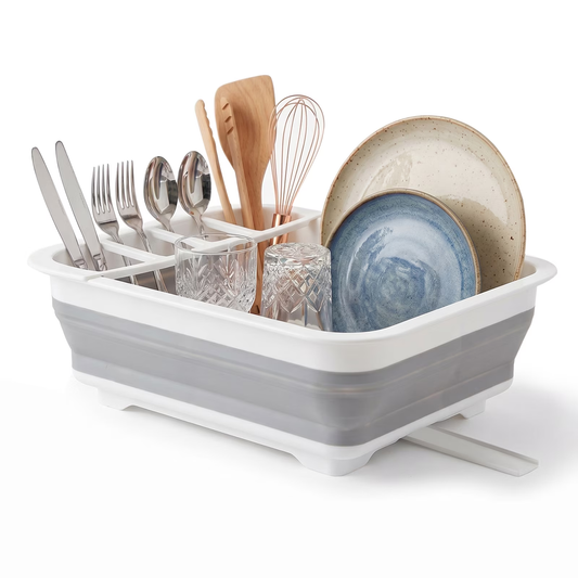 Collapsible Dish Drying Rack – Rustproof Foldable RV Dish Drying Rack with Utensil Holder, 360° Drainage, Space-Saving for Kitchen, Camping, BBQ & Boats