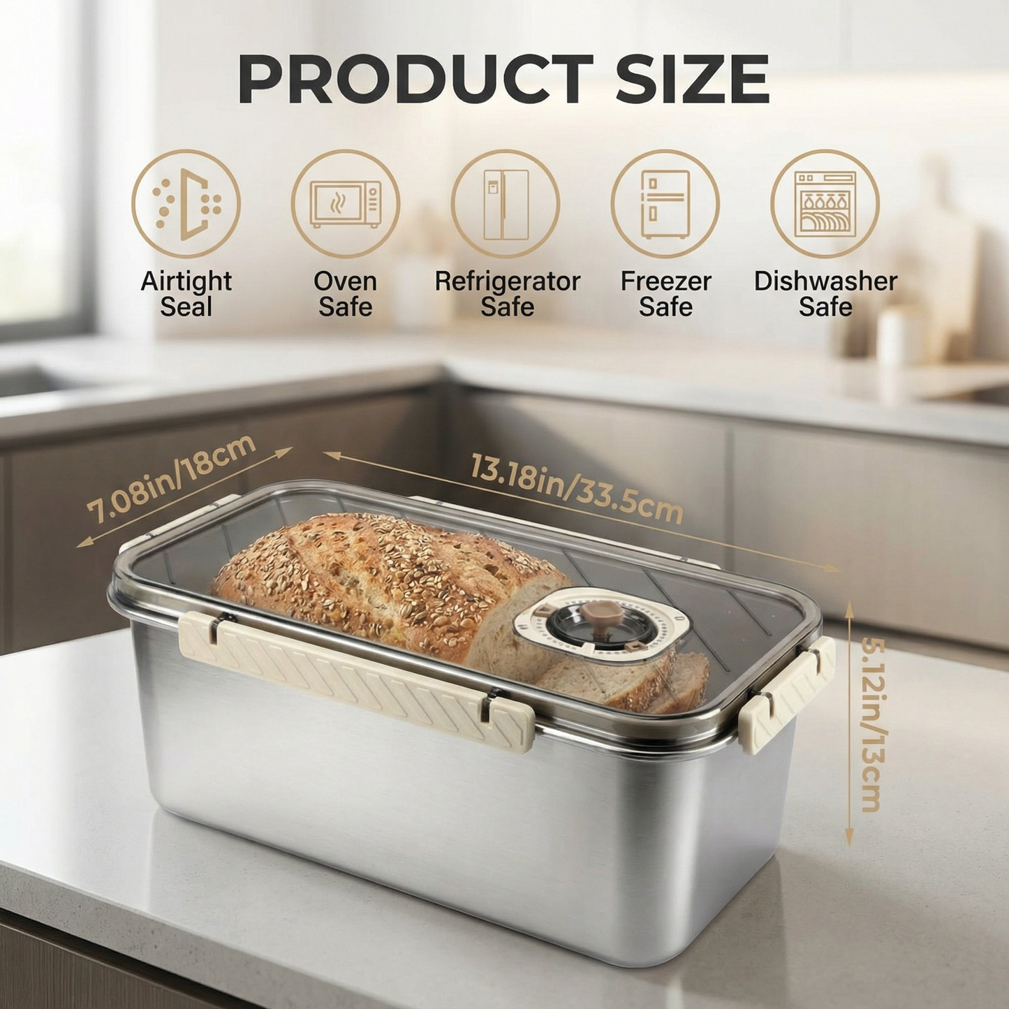 Time Recording Bread Storage Container with Clear Lid, Stainless Steel Bread Box for Kitchen Counter, Ideal for Storing Homemade Bread, Vegetables, Cookies and Fruit (Silver)