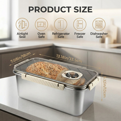 Time Recording Bread Storage Container with Clear Lid, Stainless Steel Bread Box for Kitchen Counter, Ideal for Storing Homemade Bread, Vegetables, Cookies and Fruit (Silver)