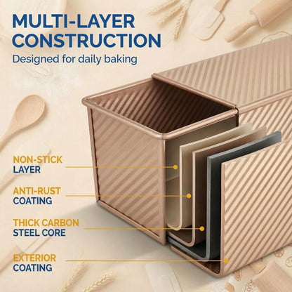 2.2lb Pullman Bread Loaf Pan with Lid - 13x4 Inch Professional Nonstick Bread Baking Mold for Homemade Sandwich & Artisan Sourdough, Heavy-Duty Gold Carbon Steel Toast Box