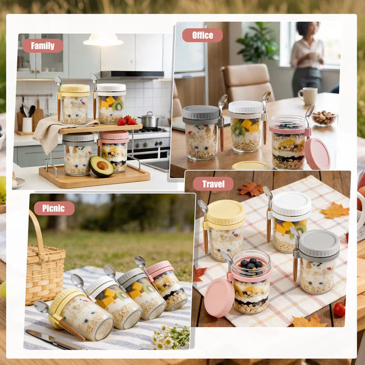 4 Pack 12oz Overnight Oats Containers with Lids and Spoons, Glass Oatmeal Containers, Mason Jars with Airtight Lids, Meal Prep Food Storage Container for Yogurt, Oatmeal